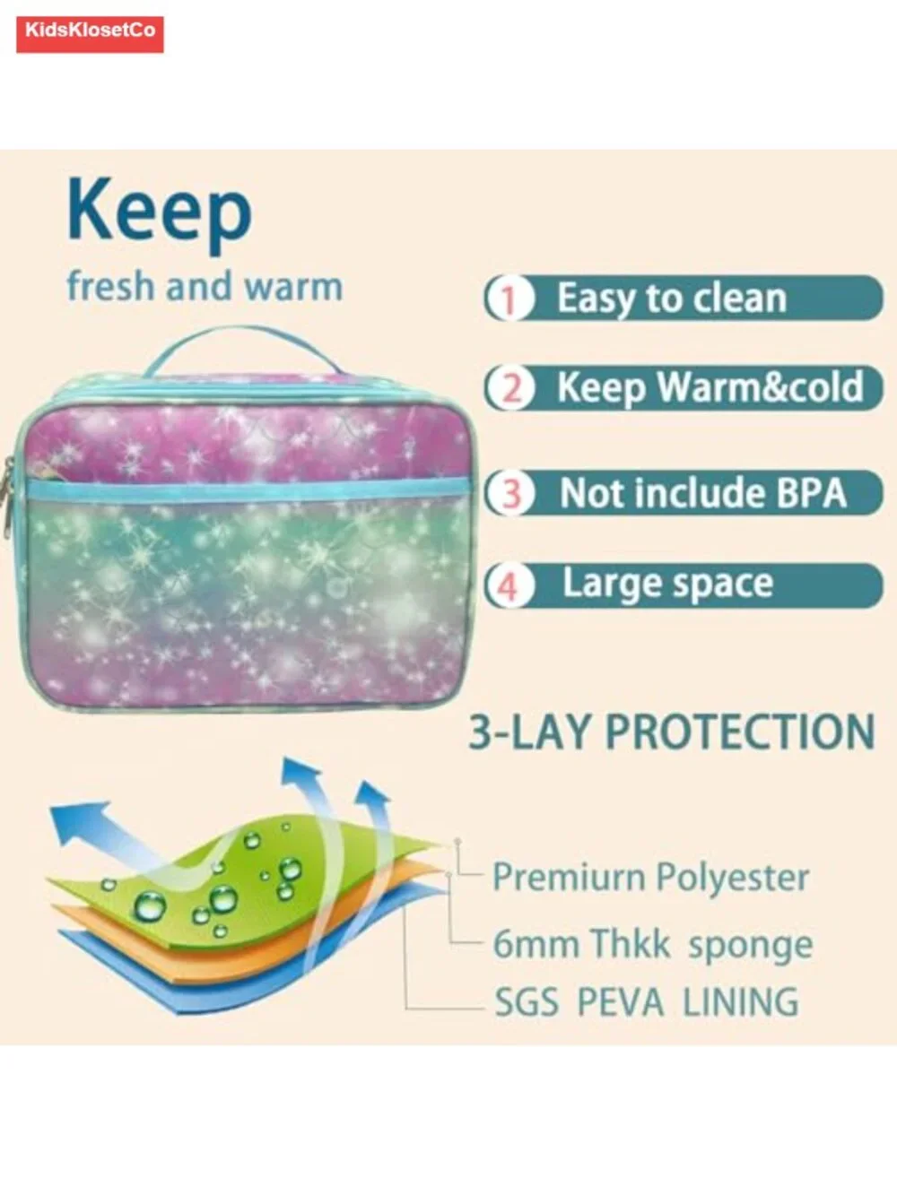 Kids Insulated Lunch Bag 600D Oxford Waterproof PEVA Liner